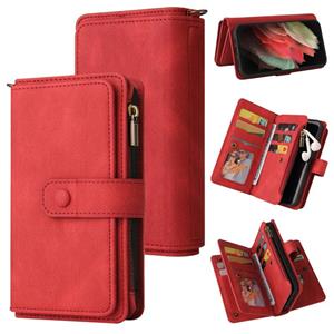 huismerk For Samsung Galaxy S21 Ultra 5G Skin Feel PU + TPU Horizontal Flip Leather Case with Holder & 15 Cards Slot & Wallet & Zipper Pocket & Lanyard(Red)