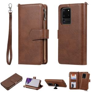 huismerk Voor Galaxy S20 Ultra 2 in 1 Solid Color Zipper Shockproof Protective Case met Card Slots & Bracket & Photo Holder & Wallet Function(Brown)