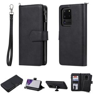 huismerk Voor Galaxy S20 Ultra 2 in 1 Solid Color Zipper Shockproof Protective Case met Card Slots & Bracket & Photo Holder & Wallet Function(Black)