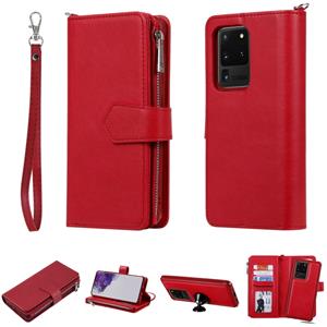 huismerk Voor Galaxy S20 Ultra 2 in 1 Solid Color Zipper Shockproof Protective Case met Card Slots & Bracket & Photo Holder & Wallet Function(Red)