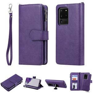 huismerk Voor Galaxy S20 Ultra 2 in 1 Solid Color Zipper Shockproof Protective Case met Card Slots & Bracket & Photo Holder & Wallet Function(Purple)