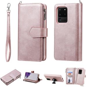 huismerk Voor Galaxy S20 Ultra 2 in 1 Solid Color Zipper Shockproof Protective Case met Card Slots & Bracket & Photo Holder & Wallet Function(Rose Gold)