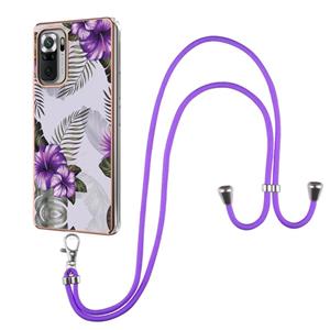 huismerk Voor Xiaomi Redmi Note 10 Pro / 10 Pro Max Electroplating Pattern IMD TPU Shockproof Case met Neck Lanyard (Purple Flower)