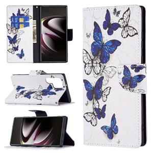 huismerk Voor Samsung Galaxy S22 Ultra 5G Gekleurde Tekening Patroon Horizontale Flip Phone Lederen Case met Houder & Card Slots & Wallet (Blue Butterflies)