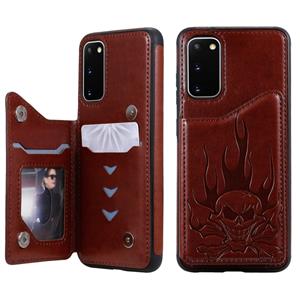 huismerk Voor Galaxy S20 Skull Embossing Pattern Shockproof Protective Case met Card Slots & Photo Frame(Brown)