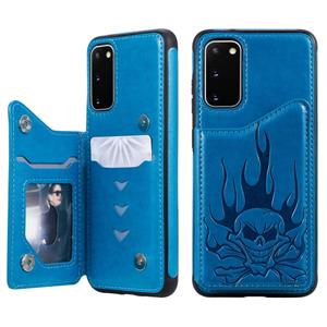 huismerk Voor Galaxy S20 Skull Embossing Pattern Shockproof Protective Case met Card Slots & Photo Frame(Blauw)