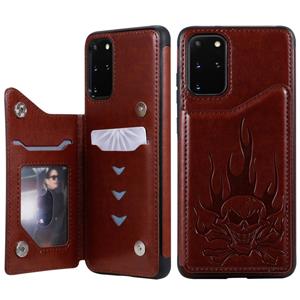 huismerk Voor Galaxy S20 Plus Skull Embossing Pattern Shockproof Protective Case met Card Slots & Photo Frame(Brown)