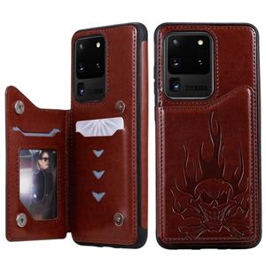 huismerk Voor Galaxy S20 Ultra Skull Embossing Pattern Shockproof Protective Case met Card Slots & Photo Frame(Brown)