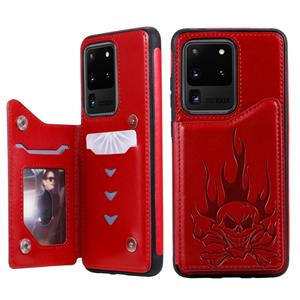 huismerk Voor Galaxy S20 Ultra Skull Embossing Pattern Shockproof Protective Case met Card Slots & Photo Frame(Red)