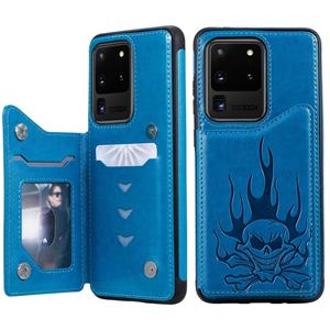 huismerk Voor Galaxy S20 Ultra Skull Embossing Pattern Shockproof Protective Case met Card Slots & Photo Frame(Blauw)