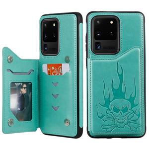 huismerk Voor Galaxy S20 Ultra Skull Embossing Pattern Shockproof Protective Case met kaartsleuven & photo frame(groen)