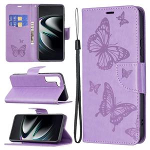 huismerk Voor Samsung Galaxy S22 Ultra 5G Embossing Two Butterflies Pattern Lederen Telefoonhoesje Met Houder & Card Slot & Portemonnee & Lanyard (Paars)