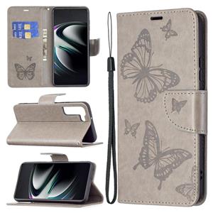 huismerk Voor Samsung Galaxy S22 Ultra 5G Embossing Two Butterflies Pattern Leather Telefoon Case met Houder & Card Slot & Portemonnee & Lanyard (Gray)