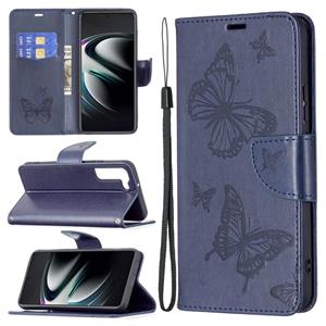 huismerk Voor Samsung Galaxy S22 Ultra 5G Embossing Two Butterflies Pattern Lederen Telefoonhoesje Met Houder & Card Slot & Portemonnee & Lanyard (Blauw)