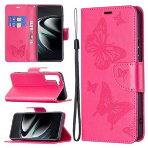 huismerk Voor Samsung Galaxy S22 Ultra 5G Embossing Two Butterflies Pattern Lederen Telefoonhoesje Met Houder & Card Slot & Portemonnee & Lanyard (Rose Red)