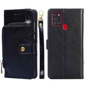 huismerk Voor Samsung Galaxy A21S Zipper Bag PU + TPU Horizontale Flip Lederen Case met Houder & Card Slot & Portemonnee & Lanyard (Zwart)