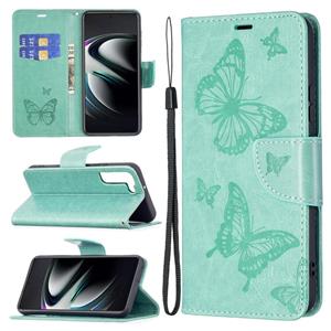 huismerk Voor Samsung Galaxy S22 Ultra 5G Embossing Two Butterflies Pattern Leather Telefoon Case met Houder & Card Slot & Portemonnee & Lanyard