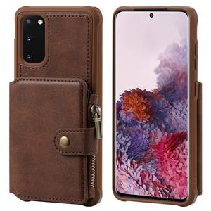 huismerk Voor Galaxy S20 Zipper Shockproof Protective Case met kaartsleuven & beugel & fotohouder & portemonneefunctie(Koffie)