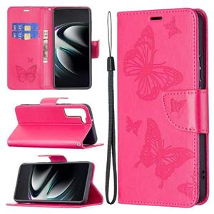 huismerk Voor Samsung Galaxy S22 + 5G Embossing Two Butterflies Pattern Leather Telefoon Case met Houder & Card Slot & Portemonnee & Lanyard (Rose Red)