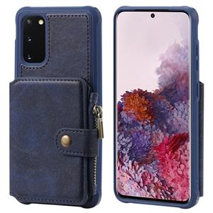 huismerk Voor Galaxy S20 Zipper Shockproof Protective Case met kaartsleuven & beugel & fotohouder & portemonneefunctie(blauw)