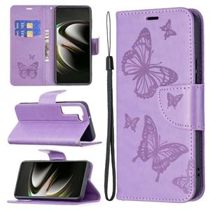 huismerk Voor Samsung Galaxy S22 5G Embossing Two Butterflies Pattern Leather Phone Case met Houder & Card Slot & Portemonnee & Lanyard (Paars)