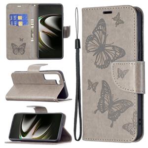 huismerk Voor Samsung Galaxy S22 5G Embossing Two Butterflies Pattern Leather Phone Case met Houder & Card Slot & Wallet & Lanyard (Gray)