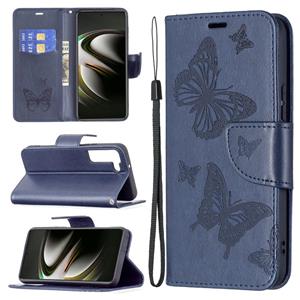 huismerk Voor Samsung Galaxy S22 5G Embossing Two Butterflies Pattern Lederen Telefoonhoesje Met Houder & Card Slot & Portemonnee & Lanyard (Blauw)