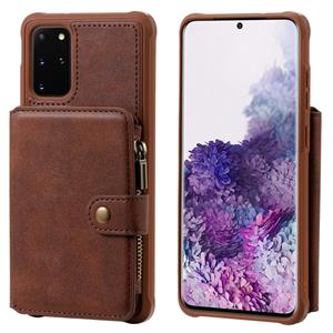 huismerk Voor Galaxy S20+ Zipper Shockproof Protective Case met Card Slots & Bracket & Photo Holder & Wallet Function(Coffee)