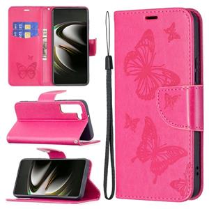 huismerk Voor Samsung Galaxy S22 5G Embossing Two Butterflies Pattern Leather Phone Case met Houder & Card Slot & Portemonnee & Lanyard (Rose Red)