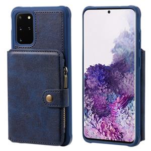 huismerk Voor Galaxy S20+ Zipper Shockproof Protective Case met Kaartsleuven & Beugel & Fotohouder & Wallet Functie(Blauw)