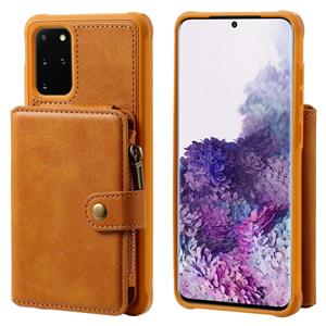 huismerk Voor Galaxy S20+ Zipper Shockproof Protective Case met Card Slots & Bracket & Photo Holder & Wallet Function(Brown)