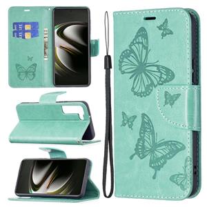 huismerk Voor Samsung Galaxy S22 5G Embossing Two Butterflies Pattern Leather Phone Case met Houder & Card Slot & Portemonnee & Lanyard