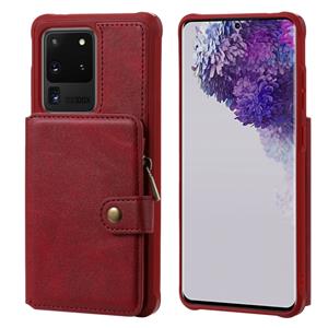 huismerk Voor Galaxy S20 Ultra Zipper Shockproof Protective Case met Card Slots & Bracket & Photo Holder & Wallet Function(Red)