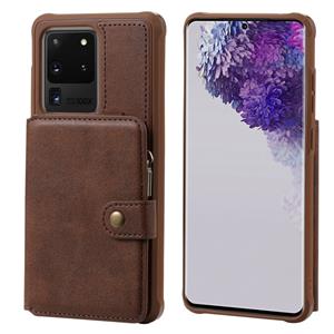 huismerk Voor Galaxy S20 Ultra Zipper Shockproof Protective Case met kaartsleuven & beugel & fotohouder & portemonneefunctie(Koffie)