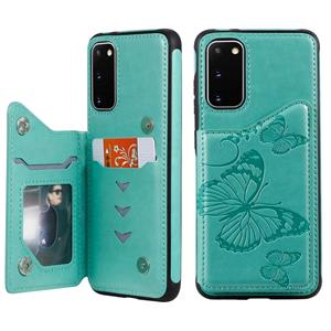 huismerk Voor Galaxy S20 Butterfly Embossing Pattern Shockproof Protective Case met Holder & Card Slots & Photo Frame(Groen)