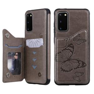 huismerk Voor Galaxy S20 Butterfly Embossing Pattern Shockproof Protective Case met Holder & Card Slots & Photo Frame(Grey)