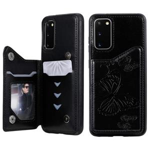 huismerk Voor Galaxy S20 Butterfly Embossing Pattern Shockproof Protective Case met Holder & Card Slots & Photo Frame(Zwart)