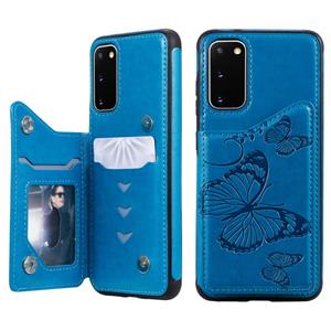 huismerk Voor Galaxy S20 Butterfly Embossing Pattern Shockproof Protective Case met Holder & Card Slots & Photo Frame(Blue)