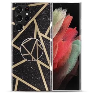 huismerk Voor Samsung Galaxy S22 Ultra 5G IMD Marble TPU Telefoonhoes met vouwbare houder