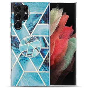 huismerk Voor Samsung Galaxy S22 Ultra 5G IMD Marble TPU Telefoonhoes met vouwbare houder