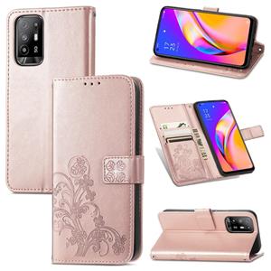 huismerk Voor OPPO A94 5G / F19 Pro + 5G / Reno5 Z vierbladige gesp reliëf gesp mobiele telefoon bescherming lederen geval met lanyard & kaartsleuf & portemon