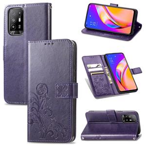 huismerk Voor OPPO A94 5G / F19 Pro + 5G / Reno5 Z vierbladige gesp reliëf gesp mobiele telefoon bescherming lederen geval met lanyard & kaartsleuf & portemon