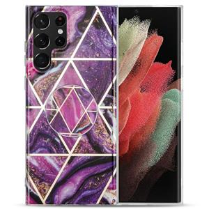 huismerk Voor Samsung Galaxy S21 Ultra 5G IMD Marble TPU Telefoonhoes met vouwbare houder (Paars)