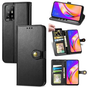 huismerk For OPPO A94 5G /F19 Pro+ 5G /Reno5 Z Solid Color Leather Buckle Phone Case with Lanyard & Photo Frame & Card Slot & Wallet & Stand Function(Black)