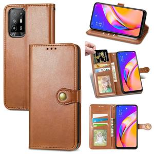 huismerk Voor OPPO A94 5G /F19 Pro + 5G / Reno5 Z Solid Color Lederen Gesp Telefoonhoesje met Lanyard Fotolijst Kaartsleuf & Portemonnee & StandFunctie (Br