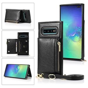 huismerk Voor Samsung Galaxy S10 Square Zipper Wallet Bag TPU+PU Back Cover Case met Holder & Card Slots & Wallet & Cross-body Strap(Zwart)