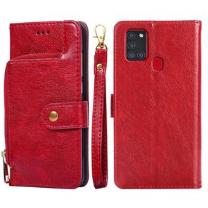 huismerk Voor Samsung Galaxy A21S Zipper Bag PU + TPU Horizontale Flip Lederen Case met Houder & Card Slot & Portemonnee & Lanyard