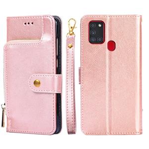 huismerk Voor Samsung Galaxy A21S Zipper Bag PU + TPU Horizontale Flip Lederen Case met Houder & Card Slot & Portemonnee & Lanyard (Rose Gold)