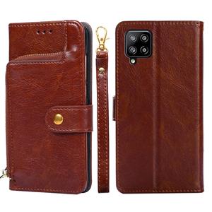 huismerk Voor Samsung Galaxy A42 5G Zipper Bag PU + TPU Horizontale Flip Lederen Case met Houder & Card Slot & Portemonnee & Lanyard (Brown)