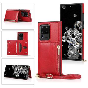 huismerk Voor Samsung Galaxy S20 Ultra Square Zipper Wallet Bag TPU+PU Back Cover Case met Holder & Card Slots & Wallet & Cross-body Strap(Red)